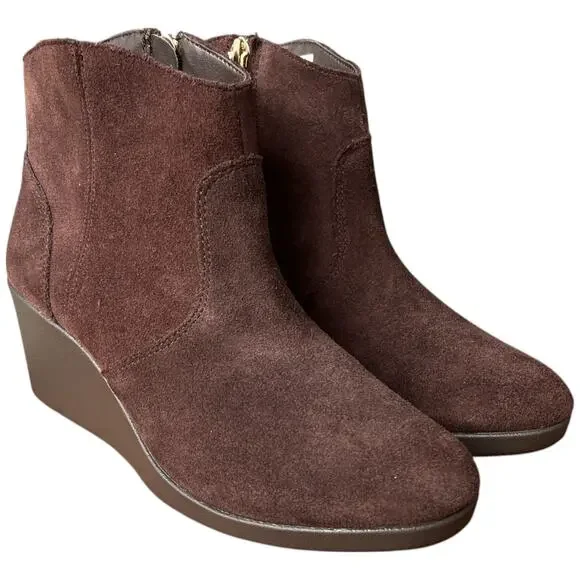 CROCS Leigh Womens 7 Espresso Suede Ankle Boots Wedge Heels Bootie Side Zip - Picture 7 of 13